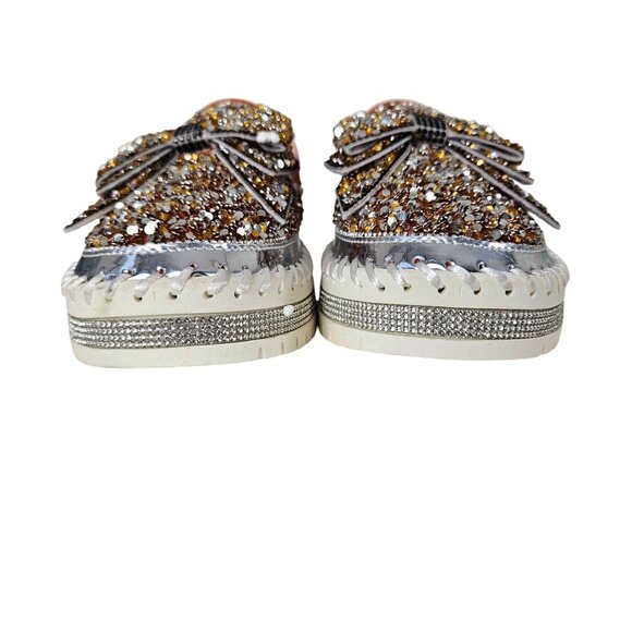 Womens 8.5/39 Rhinestone Bow Platform Sneakers Glitter Walking Slip-On Loafers - Picture 7 of 15